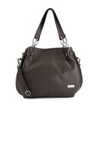 Brązowa skórzana torebka o teksturowanej powierzchni, z podwójnymi uchwytami górnymi i odpinanym paskiem. Posiada srebrne okucia i akcent z logo.