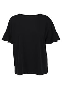 Zwarte kort-sleeve top van zachte stof, met een ronde halslijn en geschulpte mouwen voor extra detail. Standaard rechte snit.