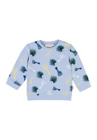 Felpa blu realizzata in tessuto morbido, con un motivo di giraffe e foglie di palma nei colori verde, giallo e blu navy. Collo rotondo e maniche lunghe.