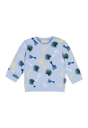 Felpa blu realizzata in tessuto morbido, con un motivo di giraffe e foglie di palma nei colori verde, giallo e blu navy. Collo rotondo e maniche lunghe.