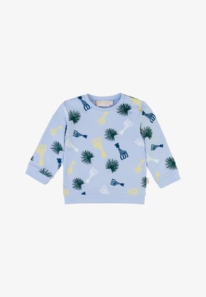 Felpa blu realizzata in tessuto morbido, con un motivo di giraffe e foglie di palma nei colori verde, giallo e blu navy. Collo rotondo e maniche lunghe.