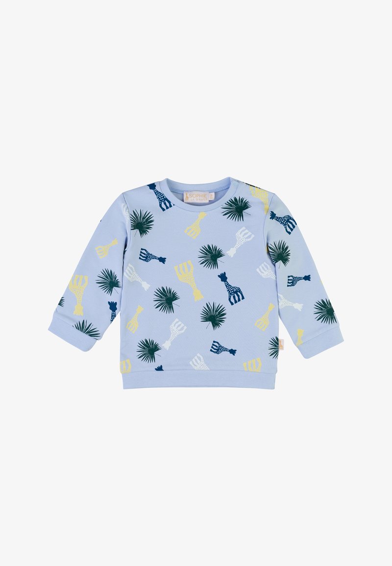 Felpa blu realizzata in tessuto morbido, con un motivo di giraffe e foglie di palma nei colori verde, giallo e blu navy. Collo rotondo e maniche lunghe.