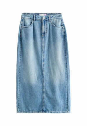 Hellblauer Jeans-Midirock mit vorderer Knopf- und Reißverschluss, Gürtelschlaufen, zwei Vordertaschen und mittlerer Nahtdetailierung.