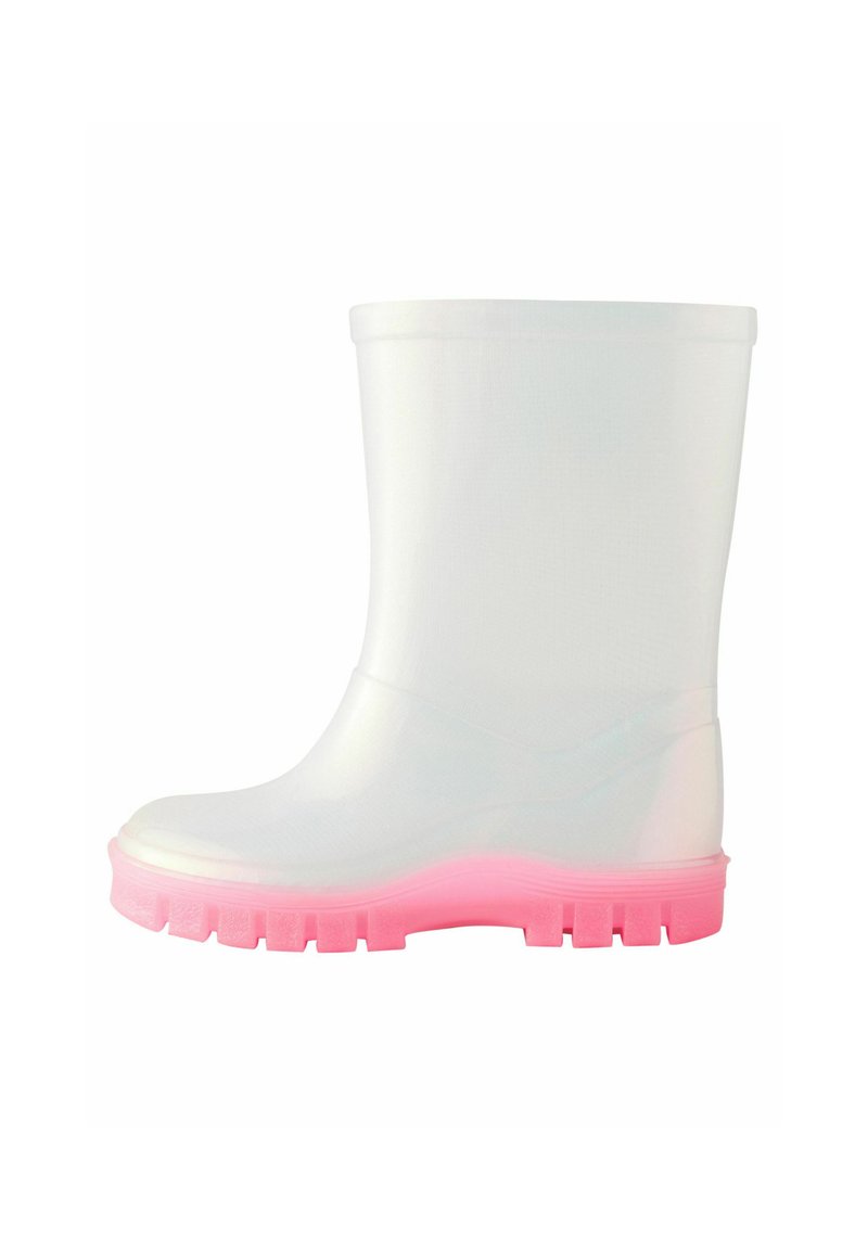 Botte en caoutchouc transparent avec une surface lisse, présentant une semelle translucide rose et une semelle texturée pour une bonne adhérence. Hauteur à mi-mollet.