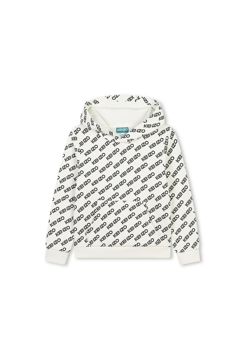 Sweat à capuche blanc avec un motif répété du logo noir "KENZO". Il possède une capuche avec cordon de serrage, des manches longues et des poignets et un ourlet côtelés.