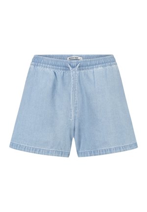 Lichtblauwe denimshorts met elastische tailleband en trekkoord, losse pasvorm en lengte tot halverwege de dij.