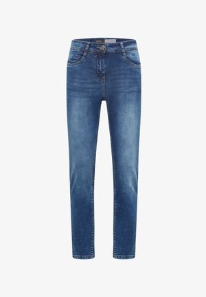 Blaue Slim-Fit-Jeans mit Knopf- und Reißverschluss, Vordertaschen und dezenten ausgewaschenen Details an Oberschenkeln und Knien.