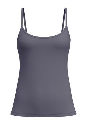 Grijs mouwloos tanktop met dunne dubbele schouderbandjes en een afgeronde halslijn, weergegeven op een witte achtergrond.