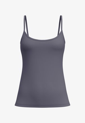 Graues ärmelloses Tanktop mit dünnen doppelten Schulterträgern und rundem Ausschnitt, auf weißem Hintergrund dargestellt.