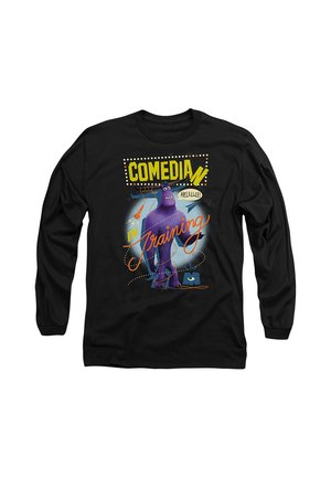 Black long-sleeve shirt with a purple monster holding a microphone and text reading "Comedian in Training" in yellow and orange letters.