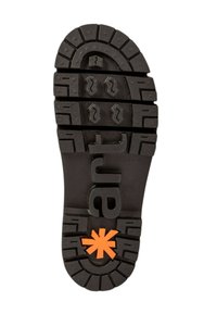 Suela de zapato de goma negra con un patrón de banda rugosa, logotipo de marca en relieve y un acento de asterisco naranja cerca del talón.