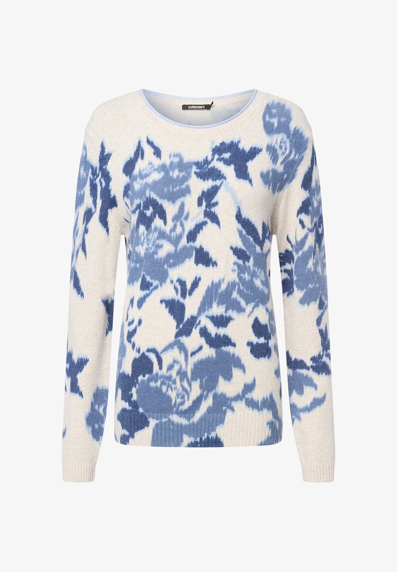 Hell gefärbter Pullover mit blauem Blumenmuster, aus weichem Material gefertigt. Verfügt über einen Rundhalsausschnitt und gerippte Bündchen. Lässige Passform.