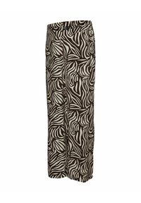 Plaša piegriezuma bikses ar brūnu un krēmkrāsas zebras svītru rakstu, izgatavotas no viegla auduma ar elastīgu jostasvietu ērtībai.