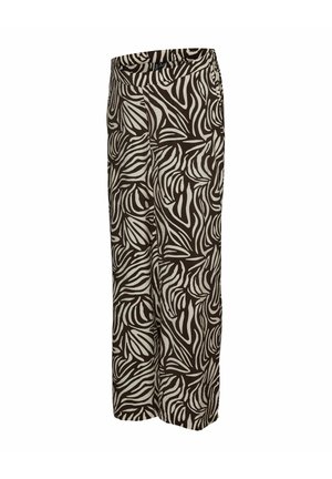 Pantalon à jambes larges avec un motif zébré marron et crème, fabriqué en tissu léger avec une taille élastique pour le confort.