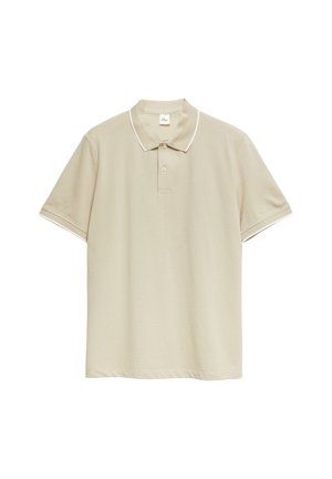 Beiges kurzärmliges Poloshirt mit zwei Knöpfen und weißem Besatz am Kragen und an den Ärmeln, auf weißem Hintergrund präsentiert.