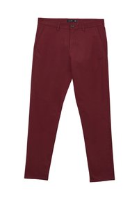 Burgunderrote Baumwollhose mit schlanker Passform. Verfügt über zwei Vorderaschen, einen Knopfverschluss und Gürtelschlaufen. Glatte Textur, sauberes Design.