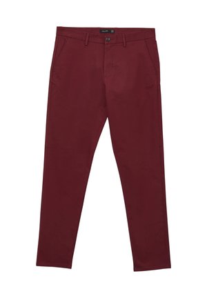 Burgunderrote Baumwollhose mit schlanker Passform. Verfügt über zwei Vorderaschen, einen Knopfverschluss und Gürtelschlaufen. Glatte Textur, sauberes Design.