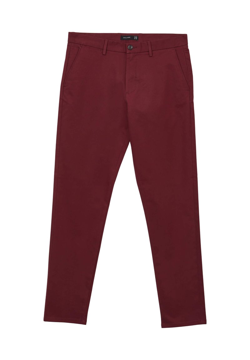 Burgunderrote Baumwollhose mit schlanker Passform. Verfügt über zwei Vorderaschen, einen Knopfverschluss und Gürtelschlaufen. Glatte Textur, sauberes Design.
