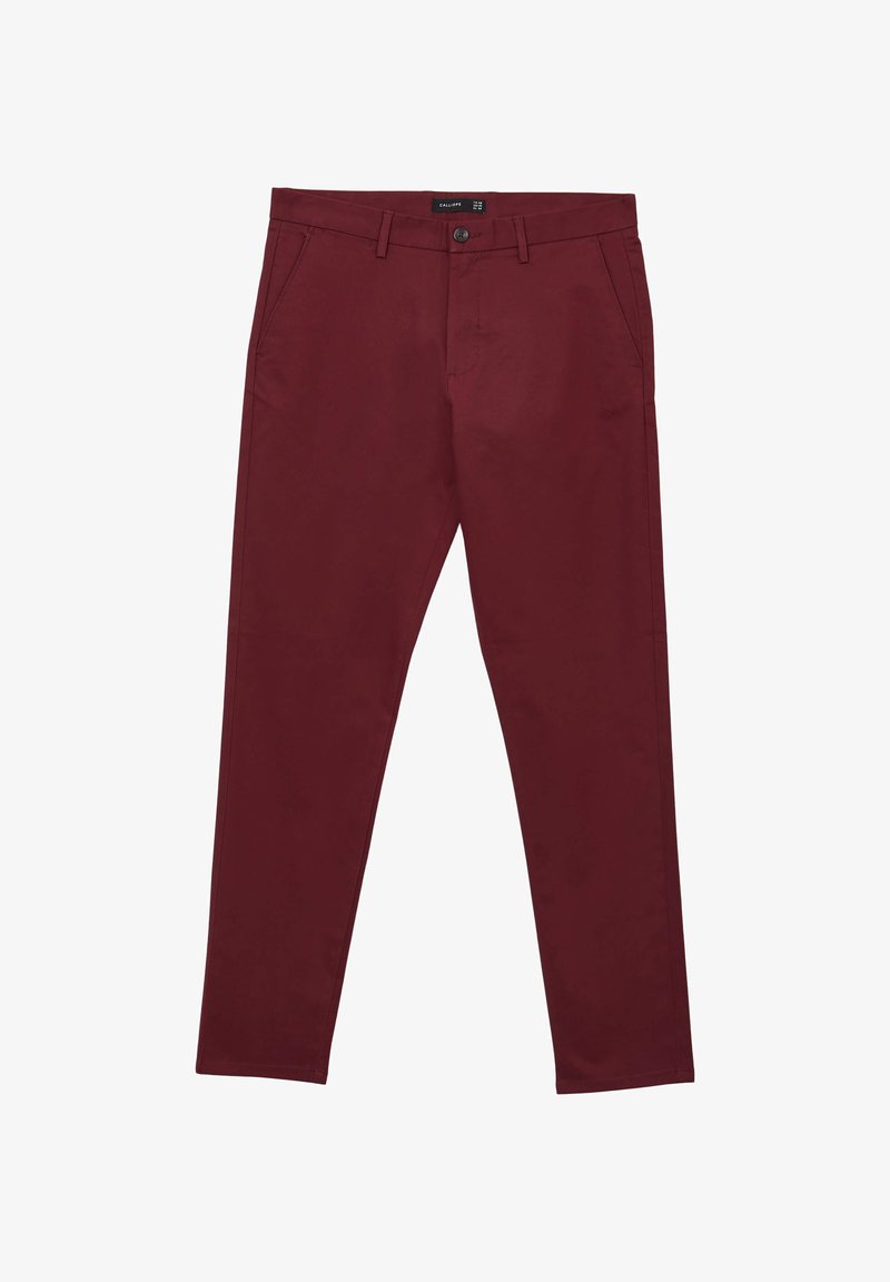 Burgunderrote Baumwollhose mit schlanker Passform. Verfügt über zwei Vorderaschen, einen Knopfverschluss und Gürtelschlaufen. Glatte Textur, sauberes Design.