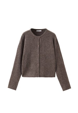 Cardigan en laine marron avec boutons, manches longues et col rond, posé à plat sur fond blanc.