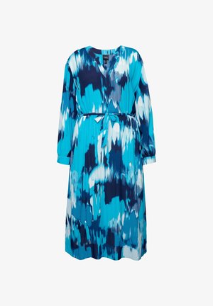 Blue and teal long-sleeve dress with a v-neck, belted waist, and a flowing silhouette; features a pattern of abstract watercolors.