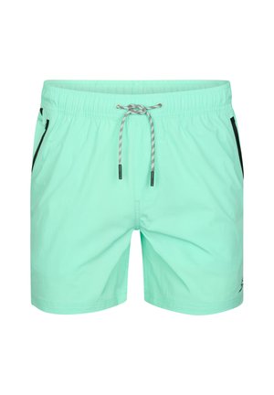 Bañador corto para hombre de color verde claro con bolsillos laterales negros con cremallera y cordón blanco en la cintura elástica.