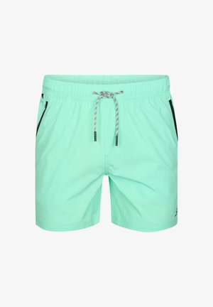 Bañador corto para hombre de color verde claro con bolsillos laterales negros con cremallera y cordón blanco en la cintura elástica.