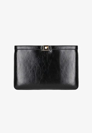 Borsa clutch in pelle nera con forma rettangolare e chiusura superiore con fermaglio dorato, texture liscia e design minimalista.