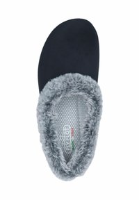 Black slipper with a gray faux fur lining. Features a smooth exterior and a textured insole with a mesh pattern.