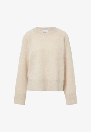 Pull en laine de couleur crème, doux et fluffy, avec un col rond, des manches longues, et des bords côtelés au niveau des poignets et de l'ourlet. Texture douce et coupe décontractée.