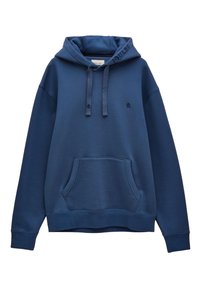 Marineblauer Kapuzenpullover mit vorderer Kängurutasche, Kordelzug an der Kapuze und kleinem Logo auf Brust und Kapuzenrand.