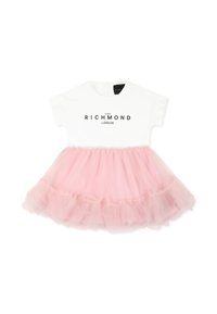 Abito bianco di cotone con maniche corte, dotato di una gonna in tulle rosa. "John Richmond London" stampato sul corpetto. Texture morbida e design a strati.