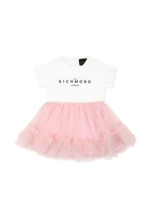 Abito bianco di cotone con maniche corte, dotato di una gonna in tulle rosa. "John Richmond London" stampato sul corpetto. Texture morbida e design a strati.