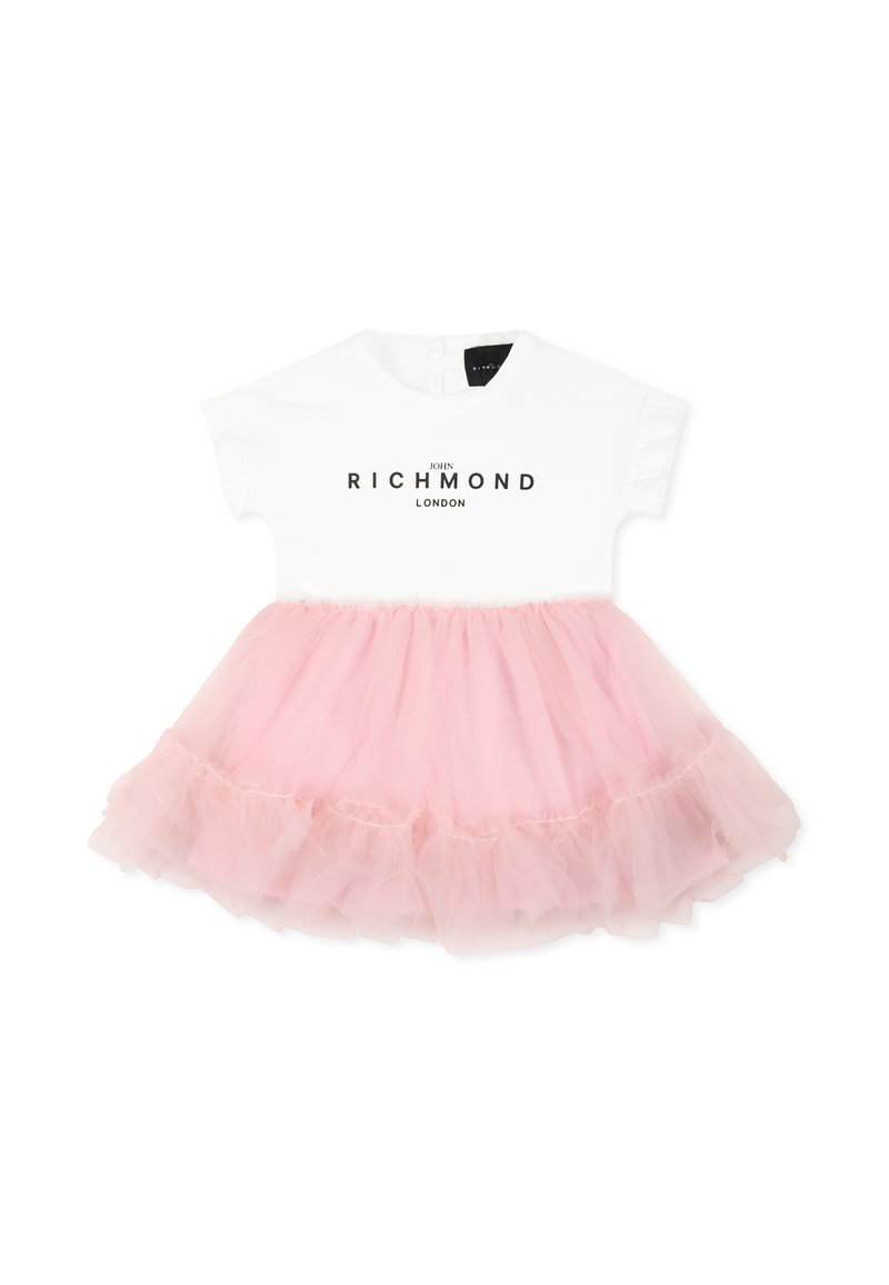 Abito bianco di cotone con maniche corte, dotato di una gonna in tulle rosa. "John Richmond London" stampato sul corpetto. Texture morbida e design a strati.