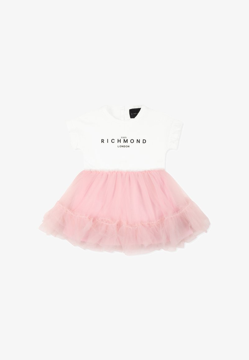Abito bianco di cotone con maniche corte, dotato di una gonna in tulle rosa. "John Richmond London" stampato sul corpetto. Texture morbida e design a strati.