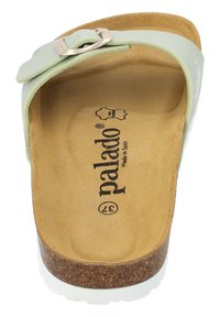 Ljusgrön rutschklädsandal med ett enda rem och metallspänne. Naturlig korkfotbädd och vit gummiyttersula, märkt "palado" och storlek 37.