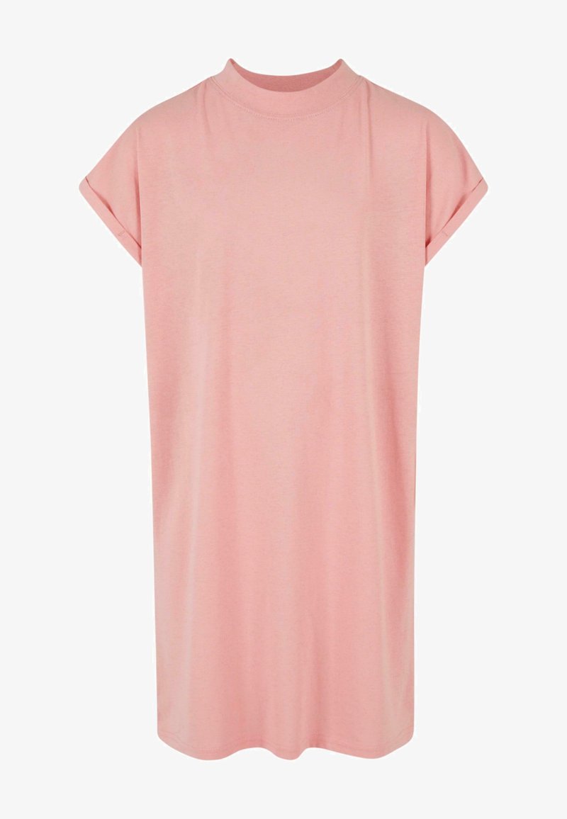 Short-sleeve, loose-fitting dress in light pink cotton. Features a high neckline and soft texture, with a straight silhouette.