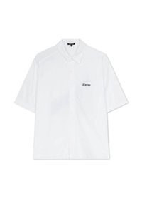 Camicia bianca a maniche corte con bottoni. Tessuto liscio con una trama morbida e un piccolo logo navy sulla parte sinistra del petto. Design con colletto classico.