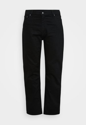 Jeans negros de algodón, con un corte clásico, diseño de cinco bolsillos y cierre de botón metálico. Textura suave y piernas rectas.