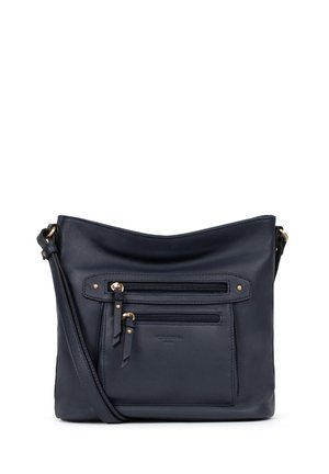 Navy blue leather crossbody bag with two zippered front pockets, gold-tone hardware, and a soft, textured finish. Adjustable strap included.