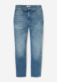 Jeans en denim bleu avec poches avant, passants de ceinture, fermeture à bouton et détails légèrement délavés sur les cuisses et les genoux.