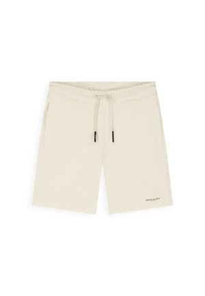 Beige knielange shorts met elastische tailleband, verstelbaar trekkoord, zijzakken en klein logo op het onderste gedeelte van het linkerbeen.