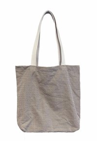 Pamut táska függőleges szürke és fehér csíkokkal, két texturált szürke fogantyúval, téglalap alakú, és merevítés nélküli felső résszel.