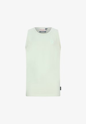 Biała bezrękawnikowa koszulka na ramiączkach z okrągłym dekoltem, małym logo na piersi i metką marki na bocznym szwie.