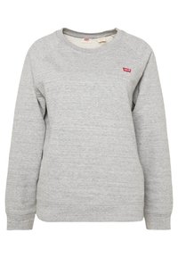 Sudadera gris hecha de un tejido suave, con cuello redondo, mangas largas y un pequeño logotipo de Levi's en rojo en la parte superior izquierda.