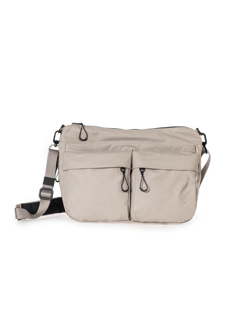 Borsa a tracolla beige con tracolla regolabile, due tasche frontali con zip e tiranti neri, e un compartimento principale con zip.