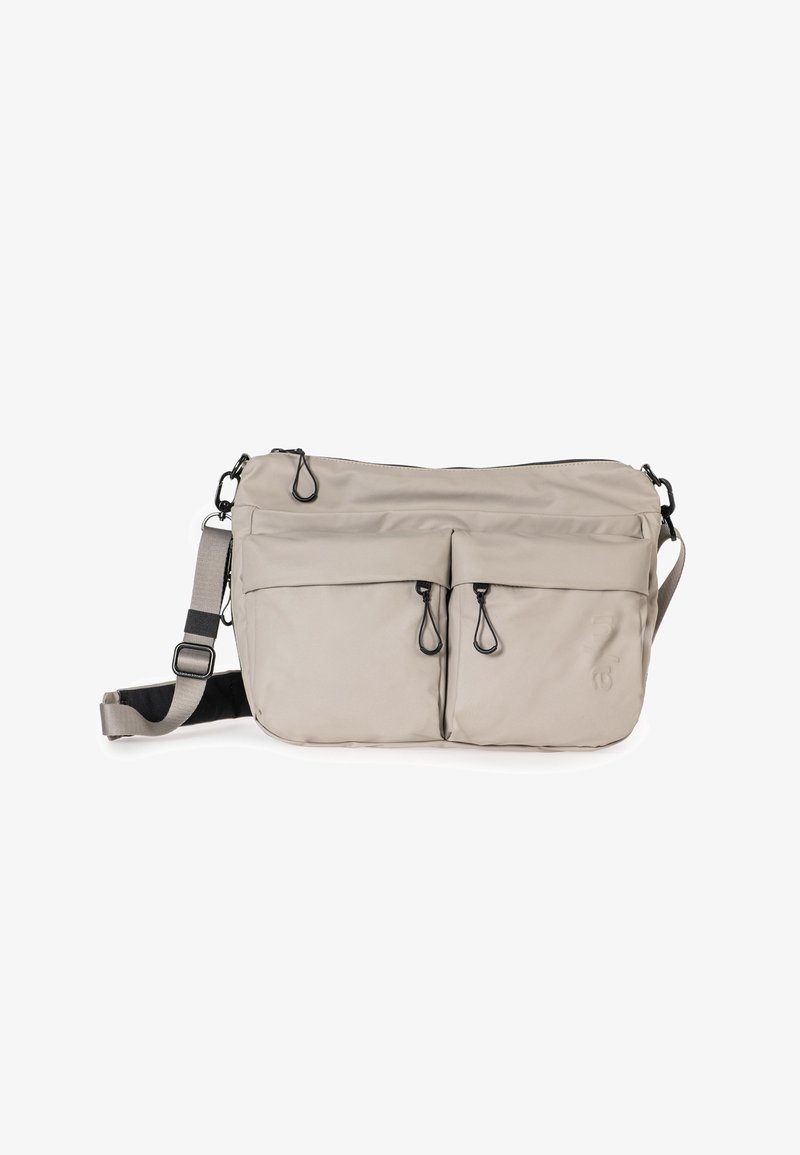 Borsa a tracolla beige con tracolla regolabile, due tasche frontali con zip e tiranti neri, e un compartimento principale con zip.