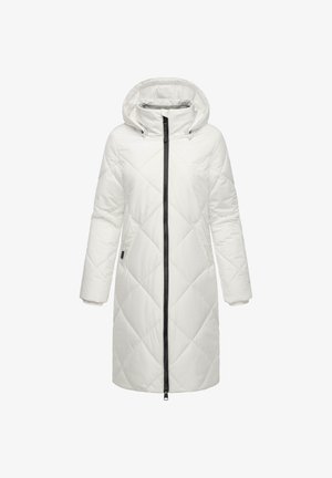 White quilted puffer coat with a zip front, hood, and side pockets. Features diamond-shaped stitching and elastic cuffs. Smooth texture.
