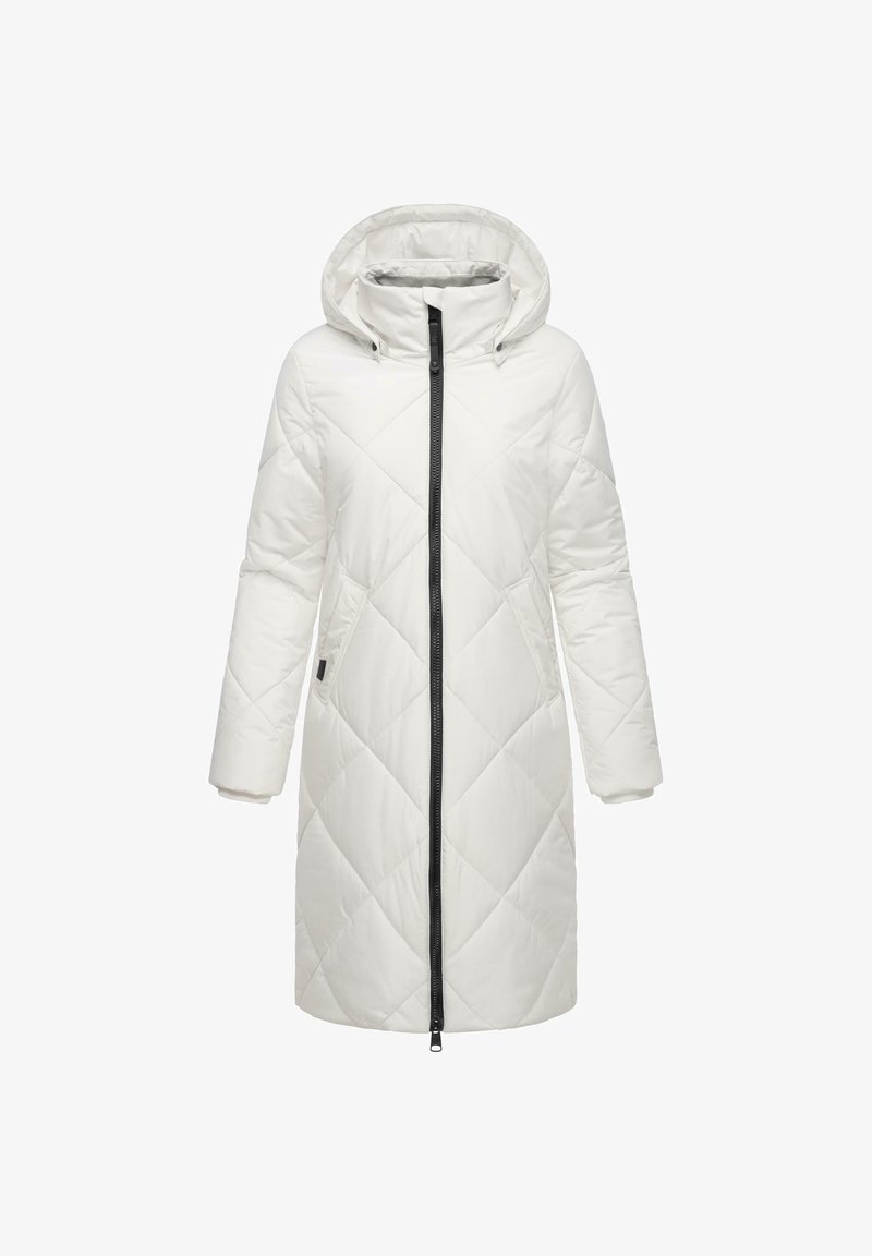 Hvit quiltet boblejakke med glidelås foran, hette og sidelommer. Har diamond-formede sømmer og elastiske mansjetter. Glatt tekstur.