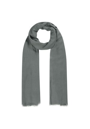 Écharpe grise douce fabriquée en tissu léger avec une texture lisse. Présente des bords effilochés et une forme rectangulaire allongée.